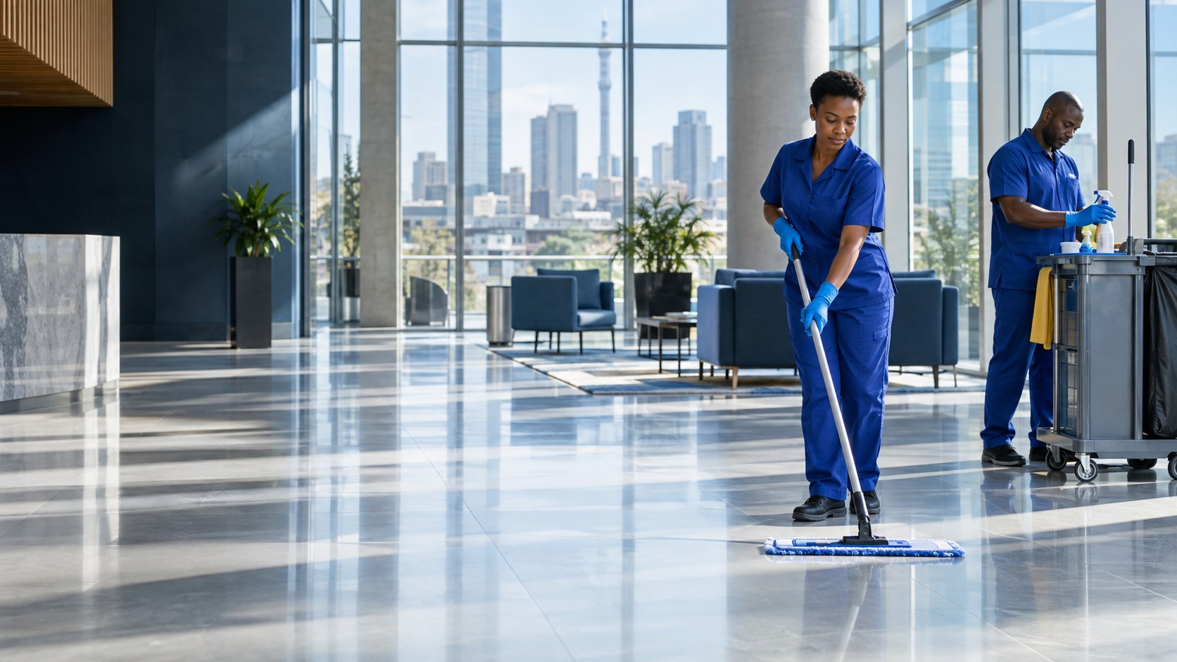 Black South African cleaning professionals caring for a modern office