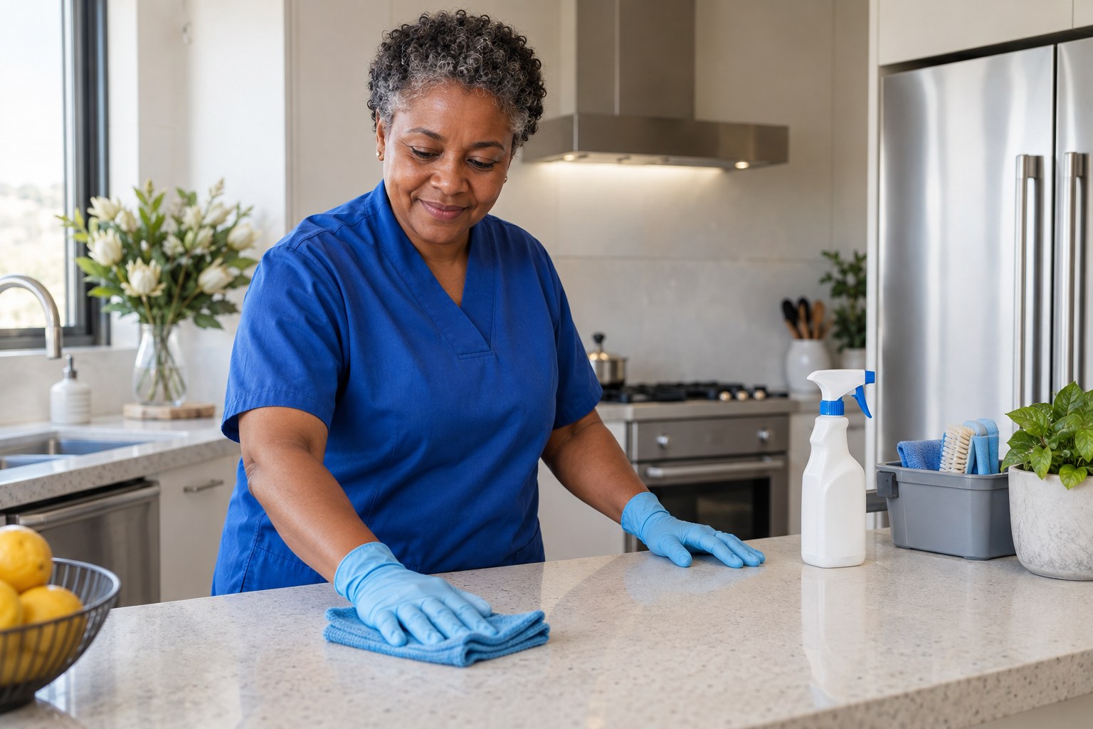 A Black South African professional deep cleaning a contemporary kitchen