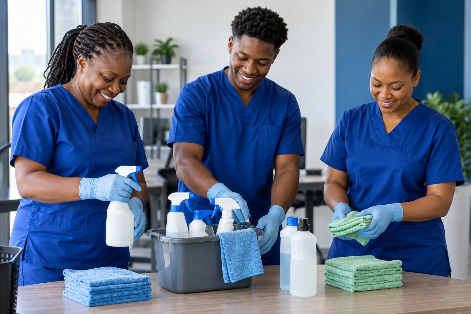 Cleaning professionals in blue uniforms preparing their equipment
